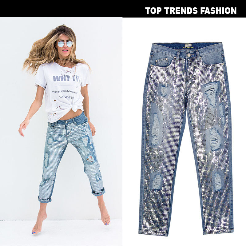 2020 new women's waist loose straight denim nine pants ultra popular metal color embroidered beads washed old holes jeans