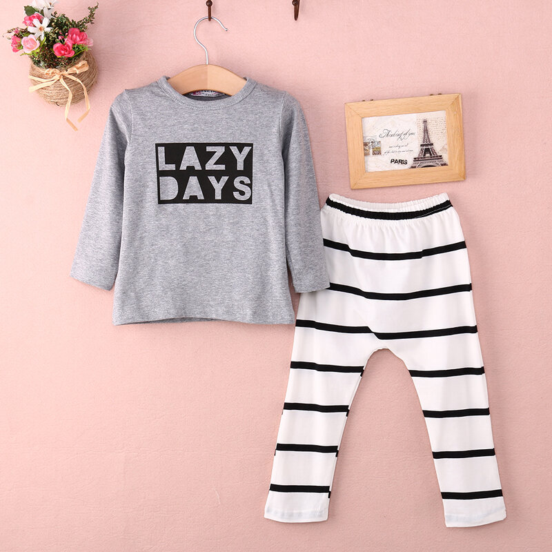 baby 2pcs clothing set! toddler baby boy girls letter printed long sleeve tops +striped long pant 