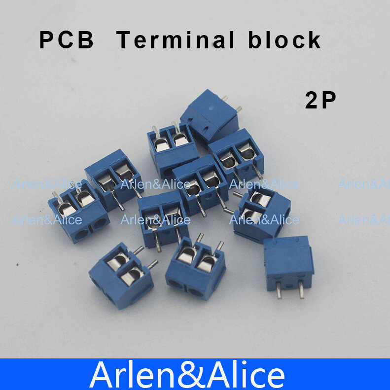 Tornillo de 2 pines, conector de bloque de terminales PCB azul, paso de 5mm, 100 Uds.