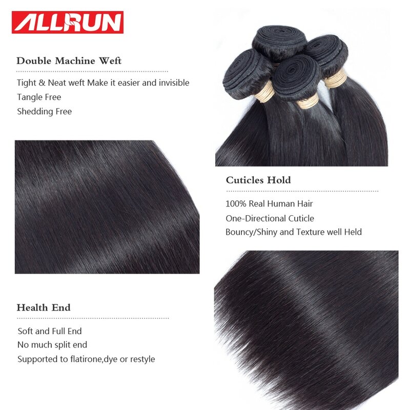 60 grammes de liasses de cheveux droits malaisiens Allrun avec fermeture frontale 13*4 liasses de cheveux humains avec fermeture avec liasses Non rémy
