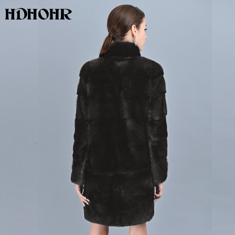 HDHOHR-Casacos de pele natural de vison para mulheres, gola alta, jaqueta de pele real, outwear marrom feminino de inverno quente, alta qualidade, 2022