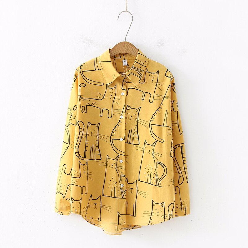 2019 New Arrival Cartoon Cat Print Button Up Blouse Long Sleeve Turn Down Collar Shirt Sweet Girls Loose Plus Size Top T93905F