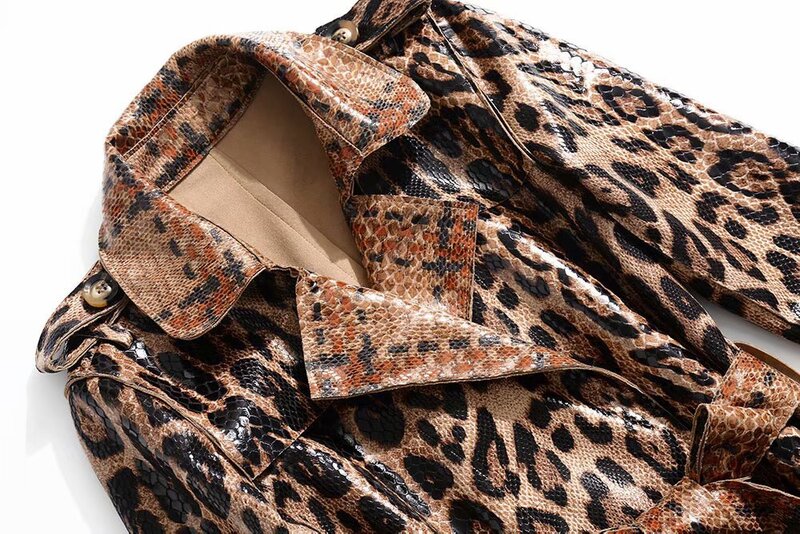 Gabardina de manga larga con solapa y estampado de leopardo para mujer, abrigo con cordones, ropa europea y americana, invierno, 2024