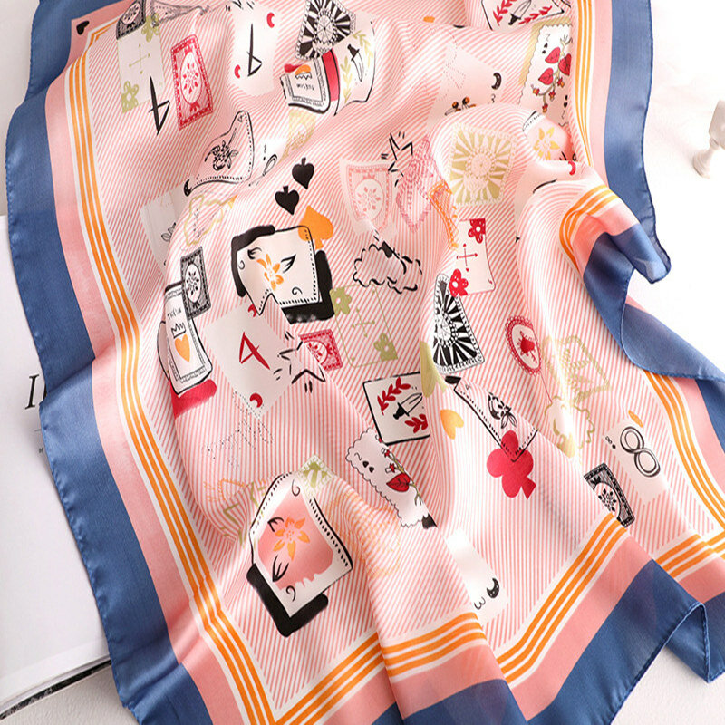KOI – petit foulard carré en soie pour femme, 70x70cm, imprimé de motifs de cartes, cadeau tendance