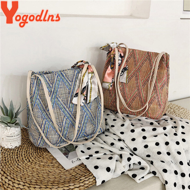 Goddlns 여성 빈티지 비치 밀짚 가방 민족 스타일 리본 메신저 가방 패션 한국어 버전 숄더 가방 여름 양동이 가방