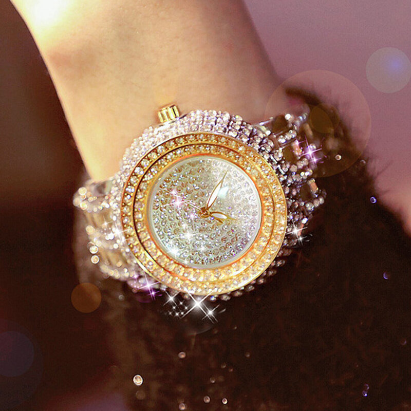 Relógio de quartzo feminino, cristal, aço inoxidável, strass, luxo, novo, 2019