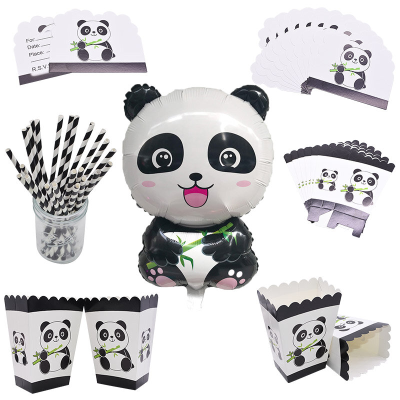 1Set Cut Cartoon Dier Panda Party Guirlande Folie Ballon Gestreepte Rietjes Candy Bag Cake Topper Servies Baby Shower Decoratie