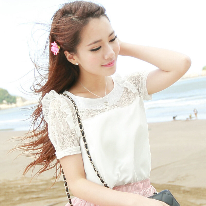 Kemeja putih Pakaian Wanita Lengan Pendek O neck Chiffon lace blouse Kemeja Korea Kemeja Fashion Kasual Sloid warna Top