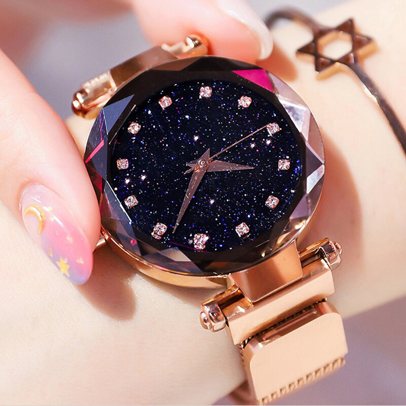Céu Estrela Lady Cristal Assistir 4 Cores Rose Gold Aço Ímã Net Relógio de Quartzo Brilhante Diamante Moda Relógio Relogio feminino