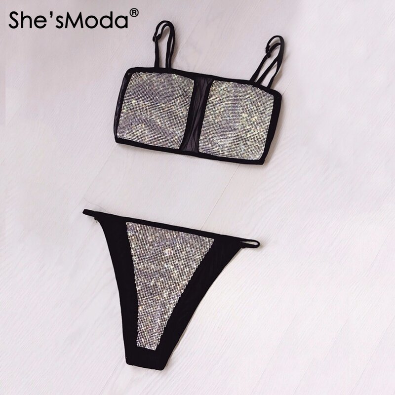 She'sModa-Conjunto de Bikini con lentejuelas y diamantes de imitación para mujer, Bikini Sexy de malla, novedad de 2018