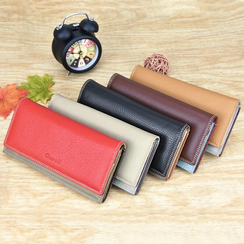 NEW Women Wallets 100% Genuine Cowhide Leather High Quality Women Long Wallet Buckles Designer Purse Phone Bag Cartera Mujer