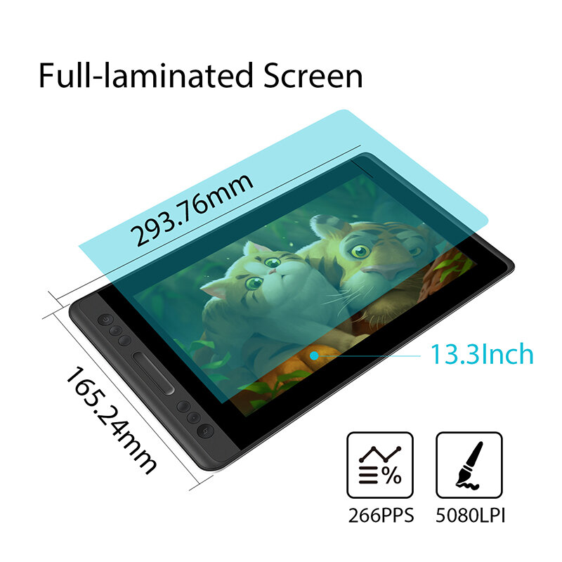 Huion Kamvas Pro 13 Layar Tablet Grafis Monitor 13.3 Inci Miring Mendukung Baterai Gratis Digital Pena Stylus Tampilan Penuh Laminasi