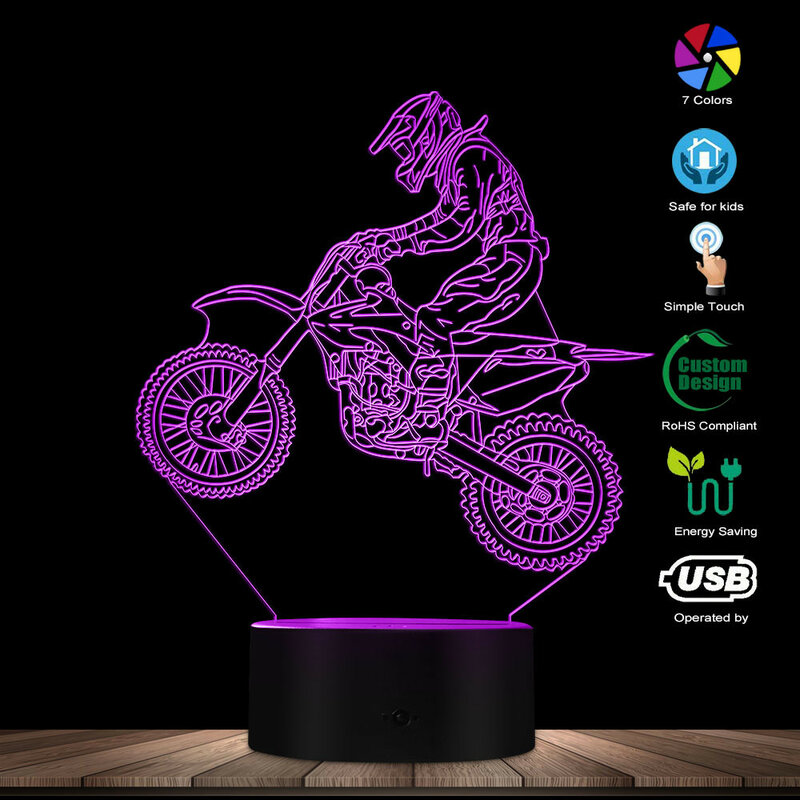 더트 바이크 3D 조명 디스플레이 데스크 램프 모터크로스 바이크, 현대 착시 야간 조명 프리스타일 모터크로스 바이커용 선물