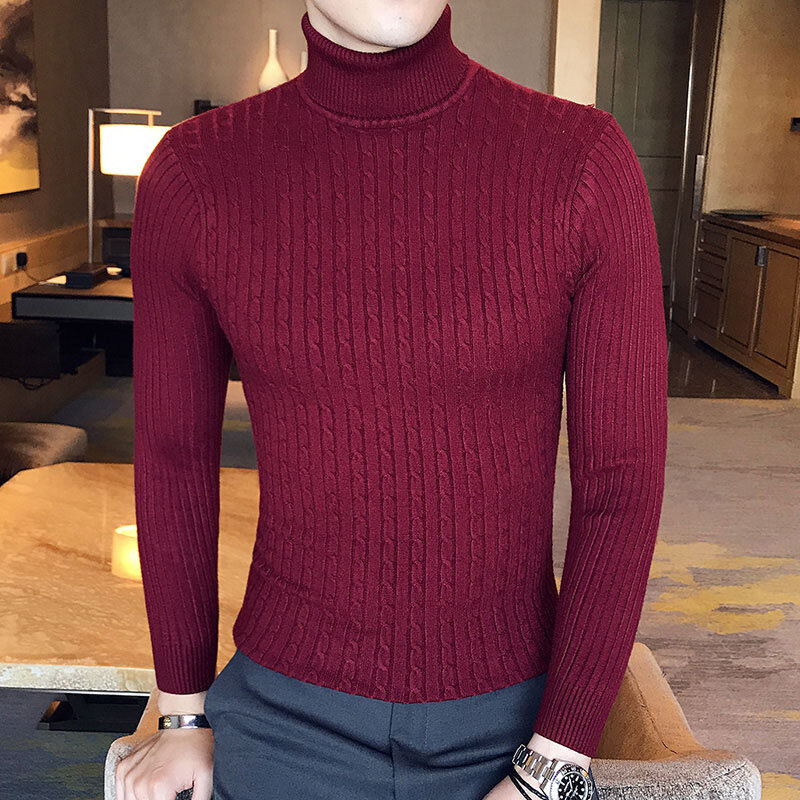 겨울 높은 목 두꺼운 따뜻한 스웨터 남자 터틀넥 브랜드 남성 스웨터 슬림 맞는 풀오버 남자 니트 남성 더블 칼라