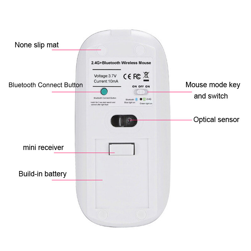 Cliry 2 Em 1 Recarregável Bluetooth 4.0 + Dual Mode Sem Fio 1600 DPI Mouse Ergonômico Óptico Portátil Ultra-fino camundongos para Mac