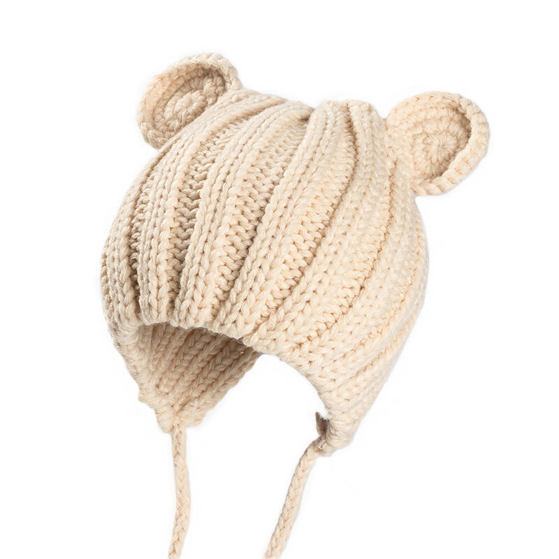 Knitted Winter Baby Hat with Ears Cartoon Lace-up Children Kids Baby Bonnet Cap for 1-3 Years 5 Colors