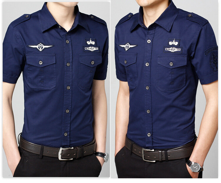 Camisa masculina estilo militar, plus size, camisa, 100% algodão, respirável, fit-down, gola, manga curta, tops