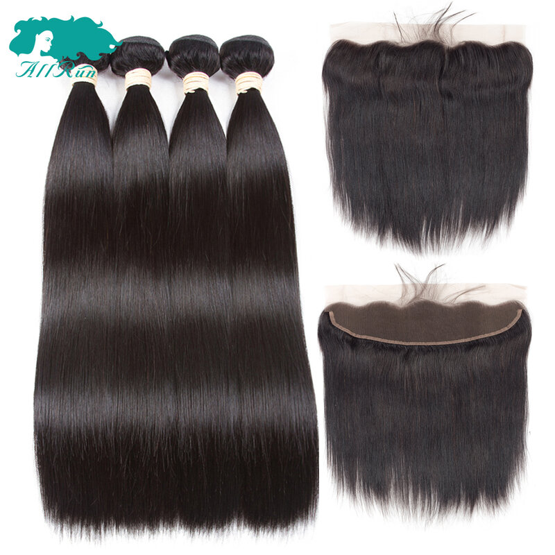 Allrun 2/3 Bundles With Frontal Brazilian Straight Human Hair Weave Bundles With Closure Lace Frontal Non Remy Hair Extension