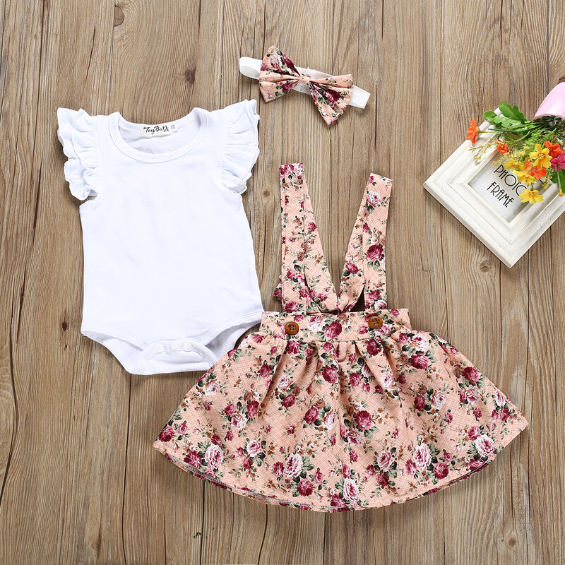 2022 Summer Newborn Baby Girl Clothes Set Short Sleeve Romper Floral Dress Overalls Headband Toddler Infant Clothing Cute Outfit