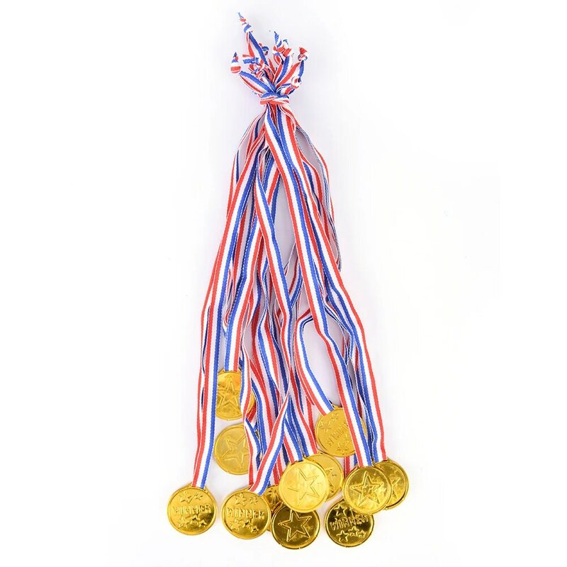 12 Uds. De plástico niños oro medallas día de deportes fiesta bolsa premios juguetes para decoración de fiesta