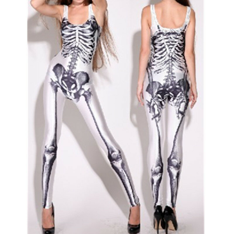Frauen Sexy Skelett Gedruckt Catsuit Faux Leder Catsuit Muster Overall Kostüme