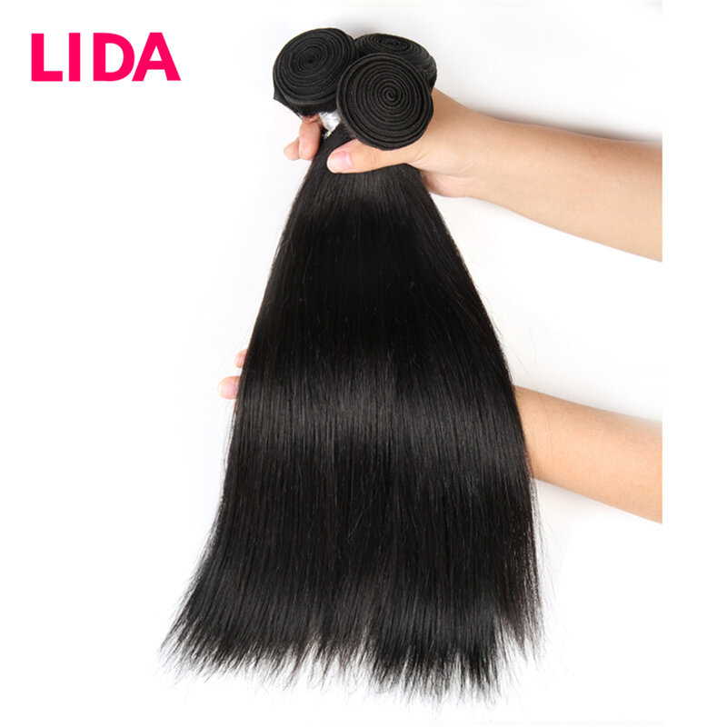 LIDA 100% Human Hair Extensions Braziliaanse Steil Haar Bundels Natuurlijke Zwarte Remy Menselijk Haar weven 3 Bundels Deal 100 g/stk