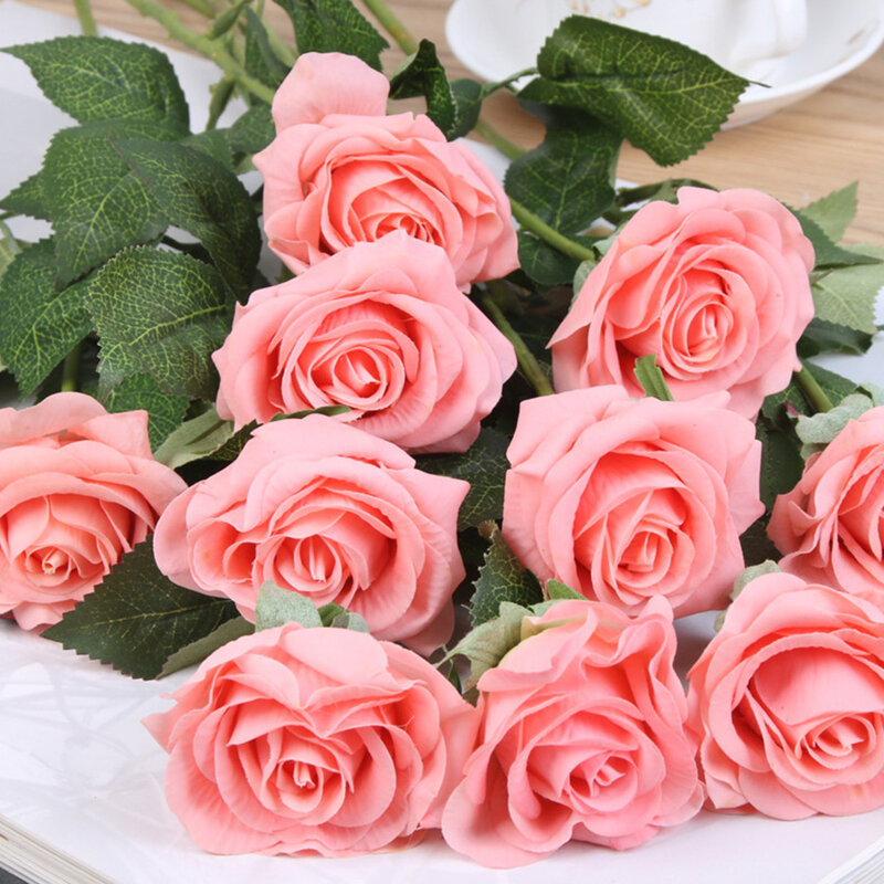 10 piezas lote rojo rosa artificial flor real táctil flores de látex imitación de silicona falso Rosa ramo decoración para la boda del hogar fiesta