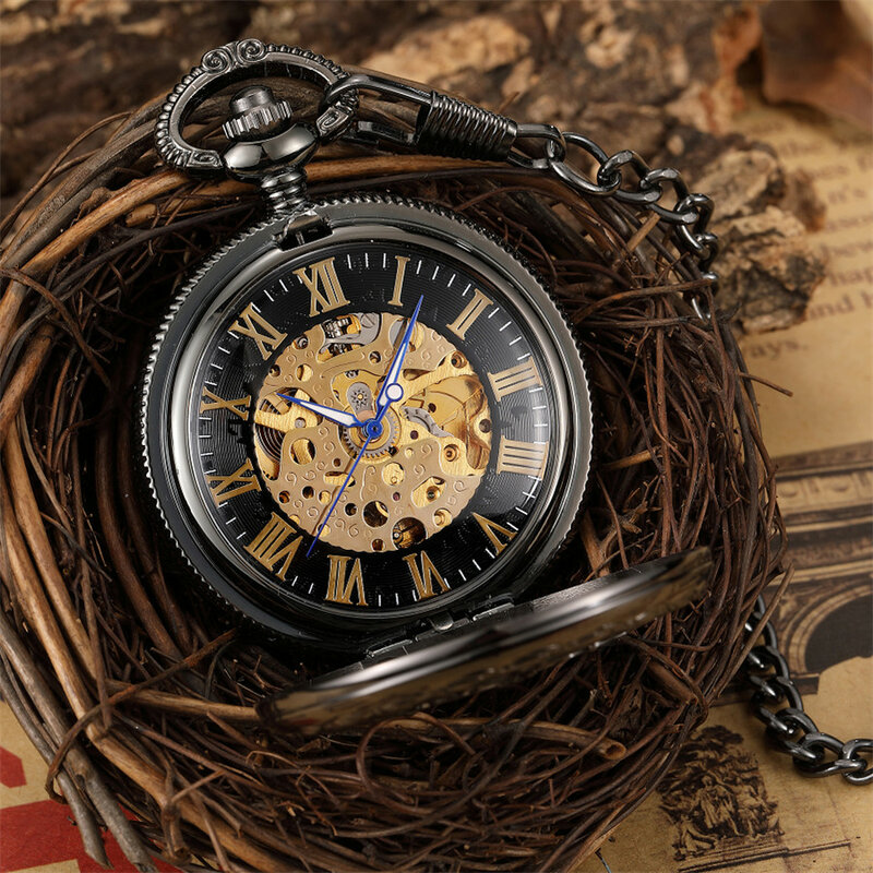 Único relógio de bolso mecânico oco mostrador preto mão-enrolamento masculino pingente coleção fob corrente relógio esqueleto steampunk