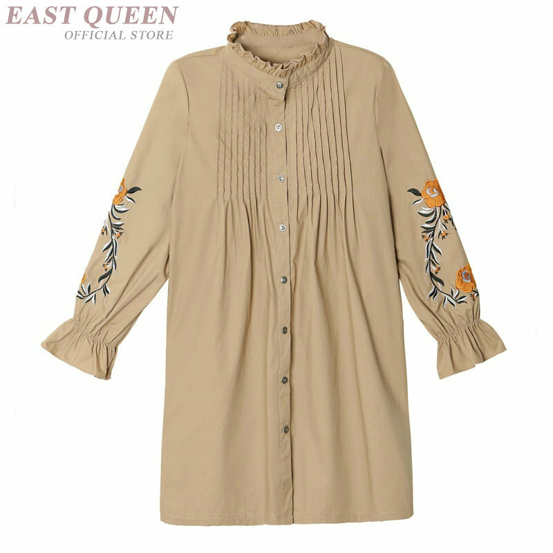 Blouse shirt women embroidery stand floral print casual blouses full butterfly sleeve loose office lady fashion tops DD604 L