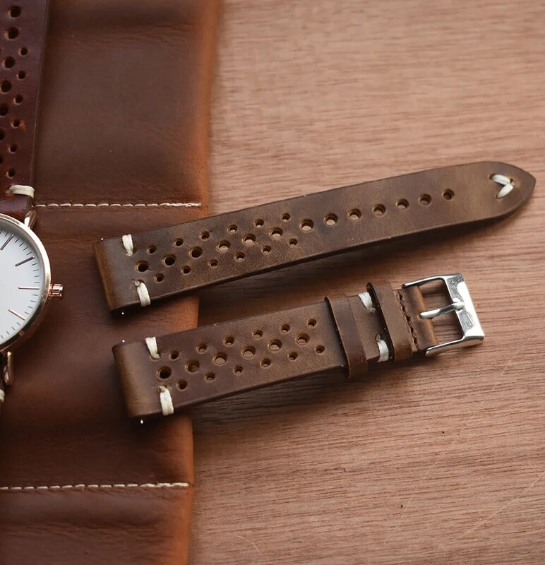 Correia de relógio Hand Made Suede Bezerro perfurado, pulseira de couro retro, pulseira costurada à mão, 18mm, 20mm, 22mm