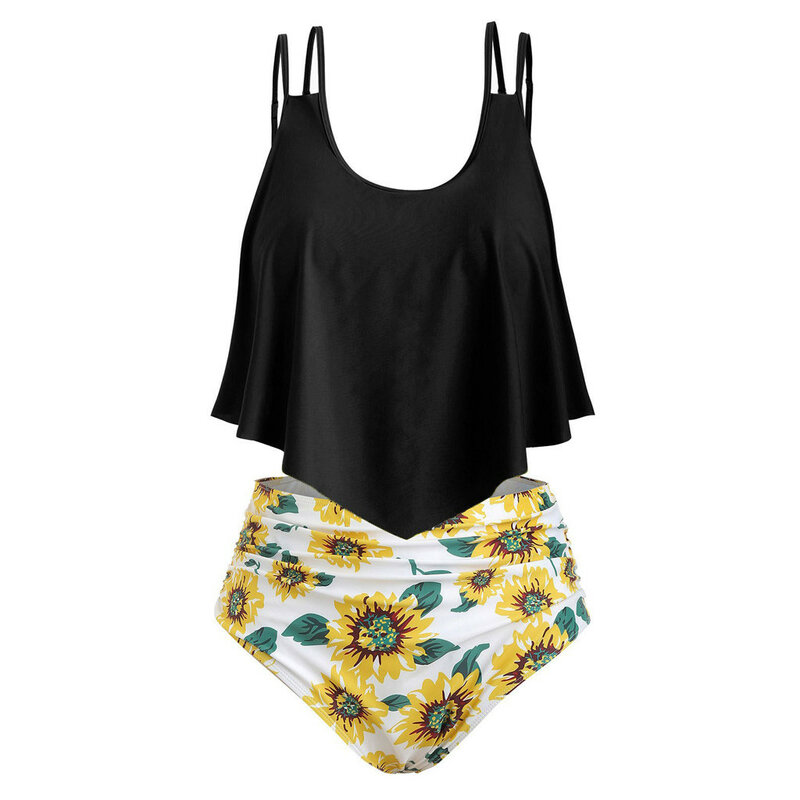 Swimwear Women Two Pieces Sexy Bathing Suits Top Ruffled With High Waisted Bottom Bikini Set Sunflower Print Swimsuit S-3XL