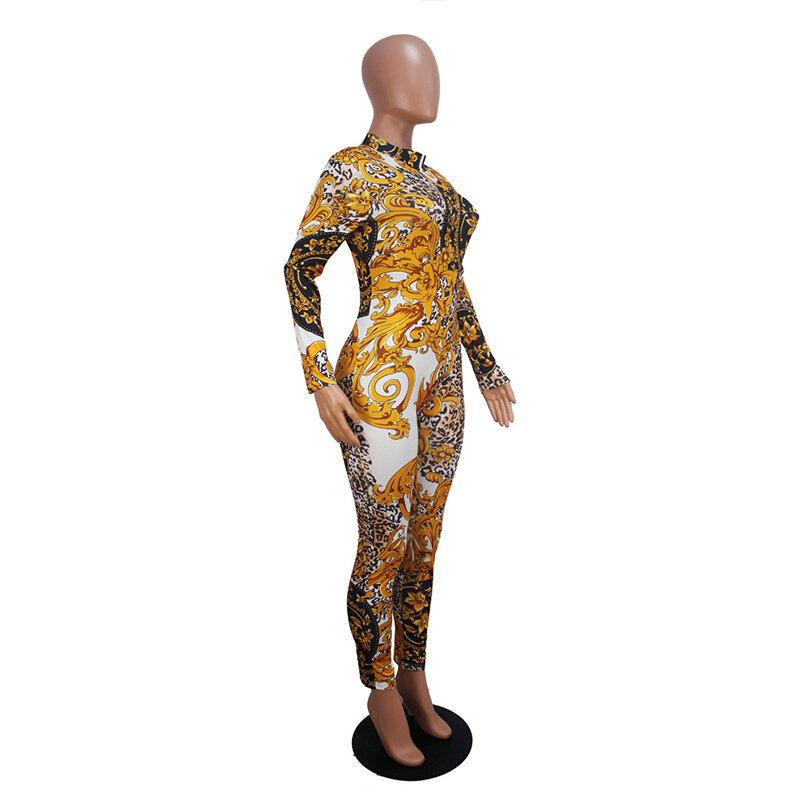 Novo macacão feminino sexy com estampa floral e dourada, gola caxemira, costas abertas, justo, roupa, macacão, novo, 2019