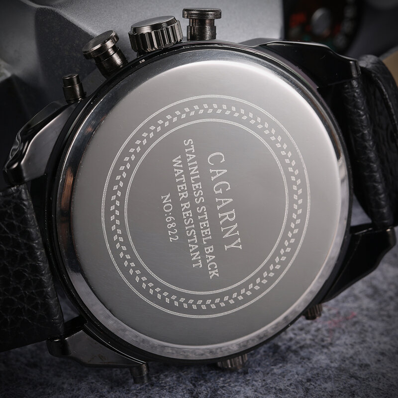 Cagarny-Reloj de pulsera con correa de cuero para hombre, cronógrafo de cuarzo, resistente al agua, con doble fecha, marca de lujo, regalo