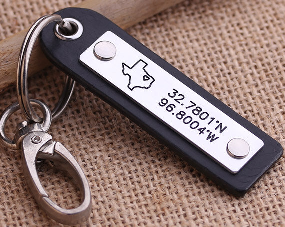 Breite Länge keychain-Personalisierte Leder Koordinaten Schlüssel Kette-Texas Keychain-Karte Leder Keychain