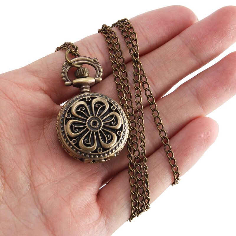 Orologio da tasca Vintage orologio al quarzo Color bronzo Cool Chain Hollow Small Flower Cover orologi tromba 6 leaf flower Pocket Gift