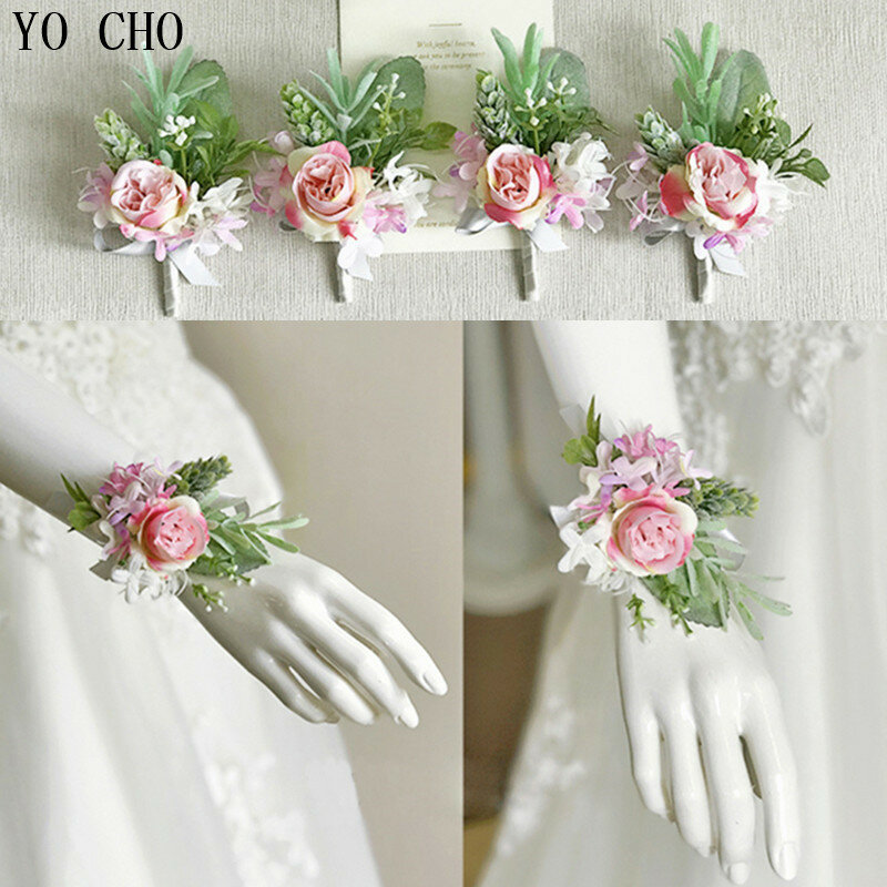 YO CHO-ramillete de muñeca de boda para novia, pulsera de flores rosas artificiales de seda, decoración de fiesta de graduación y reunión