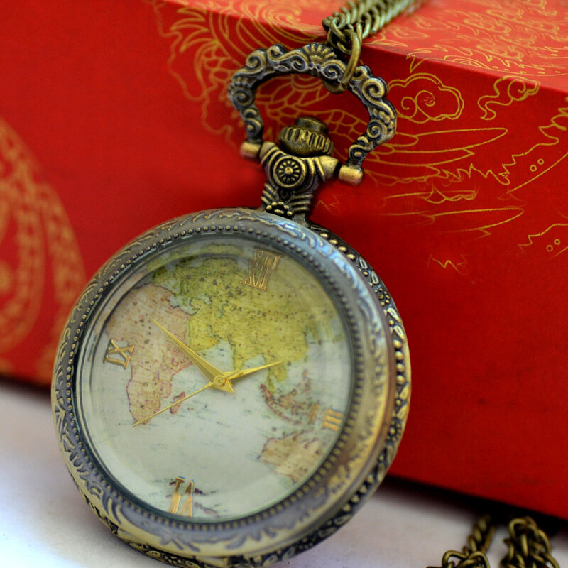 Mapa do mundo vintage em bronze, relógio de bolso em vidro transparente, quartz, de boa qualidade, com colar, 9015