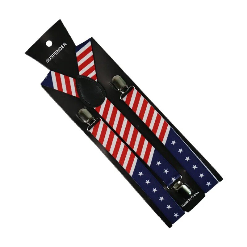 Suspender Pola Bendera Amerika Serikat Lebar 1 Inci Uniseks Penjepit Bintang Kawat Gigi Elastis Ramping Suspender Pria Wanita