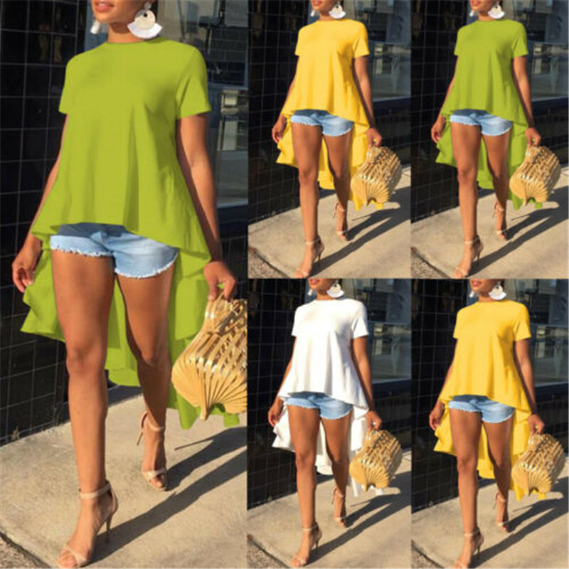 New Women's Casual Loose Short Sleeve Tunic Top Long Tail Shirt Blouse Plus Size