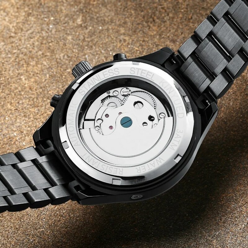 Kinyued Real Hot Mechanical Watches Men Black Automatic Tourbillon Waterproof Hand Watch Luxury Steel Skeleton Wristwatches