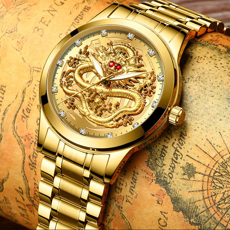 Luksusowy zegarek z wytłoczonym złoty smok męski z pełną stalą wodoodporny zegarek męski diament rubinowy na co dzień japoński zegar kwarcowy nowy 2022