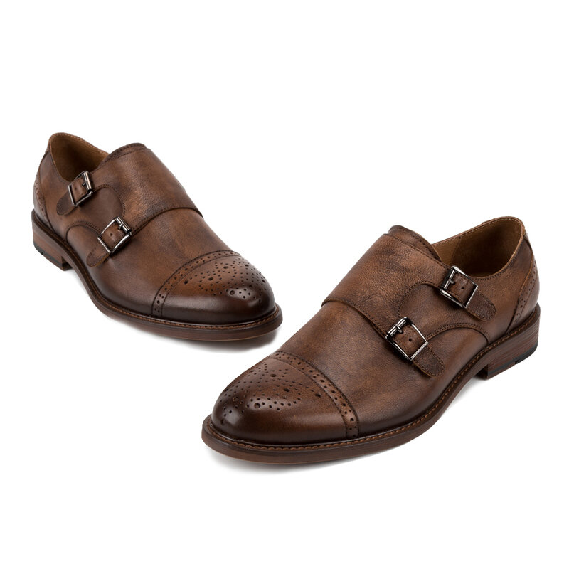 Vintage britânico designer de couro genuíno masculino duplo monge correias apartamentos dedo do pé redondo feito à mão homem vestido formal sapatos brogue kud39