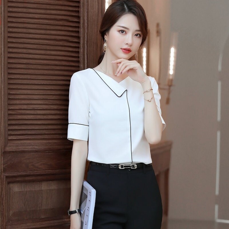 Women Tops Summer 2019 Korean Office Wear Ladies Business Ol Shirt Female Short Sleeve White Womens Tops And Blouses DD2182