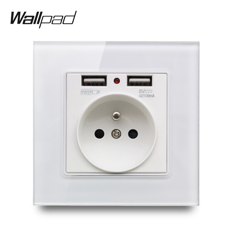 Wallpad S7 White and Black Glass Panel French Wall Socket with 2.1A 2 x USB Charging Ports, Single Power Outlet Plate