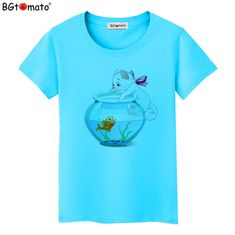 Bgtomate-Camiseta de pez dorado y gato para mujer, remera bonita de dibujos animados, camiseta kawaii de nuevo estilo, ropa de marca para mujer