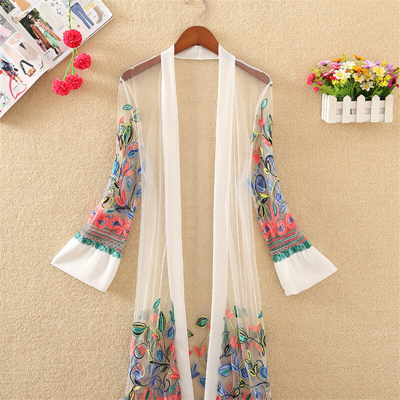 Женские свободные блузки-кардиганы средней длины с вышивкой, тонкая одежда для защиты от солнца, пляжные Блузы WZ809, лето 2019