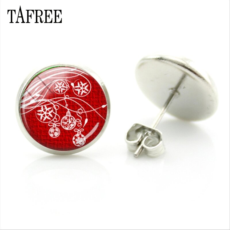 TAFREE Boutique Glass Cabochon Snowman Stud Earring Christmas Round Photo Dome For Women Gift festival decoration jewelry C55-25