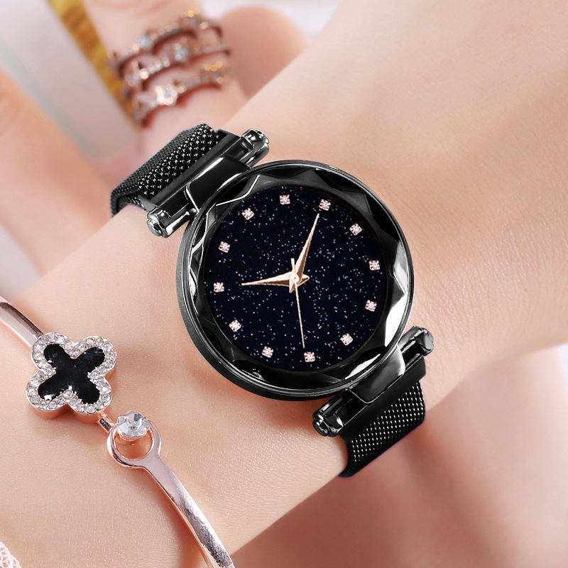 Romântico céu estrelado senhoras relógio de quartzo galaxy dial estrela espaço padrão analógico relógio de pulso feminino pulseira de metal ímã fecho presente