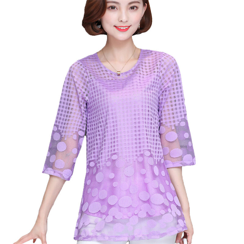 Женская шифоновая блузка большого размера 5xl, свободные Дамские топы, плотная рубашка-туника в горошек, ажурные блузы, Женская мода 2019