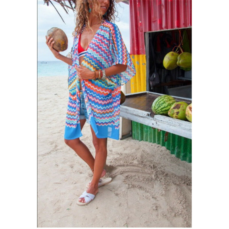 Été plage couvrir femmes coloré vague rayure plage robe femmes vert feuille imprimer Bandage Cardigan caftan plage tunique Pareto